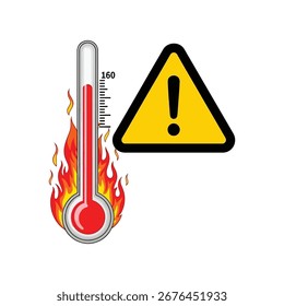A warning sign featuring a thermometer engulfed in flames and an exclamation mark, symbolizing high temperature and potential danger. Isolated on white background, vector image.