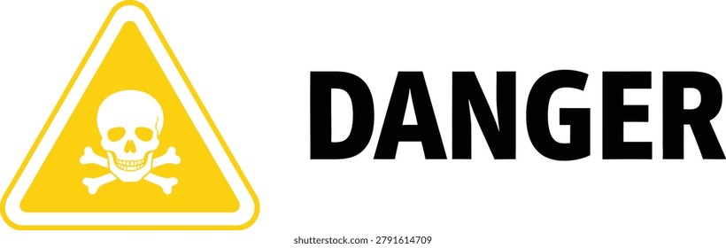 A warning sign featuring a yellow triangle with a white skull and crossbones, accompanied by the word 'DANGER' in large black letters, indicating a hazardous situation or material.