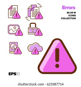 Warning sign flat style icons set. Problems with access, security, file transferring, data storage or upload to server