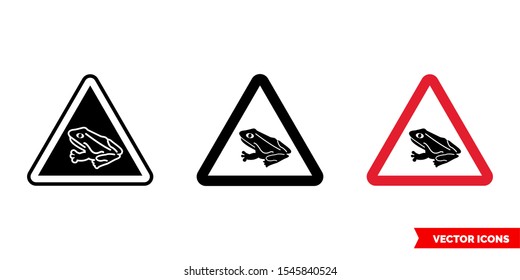 Warning sign frogs crossing the road icon of 3 types: color, black and white, outline. Isolated vector sign symbol.