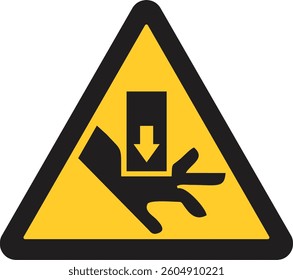 warning sign, hand being crushed by a descending object,  risk of hand injury due to heavy machinery