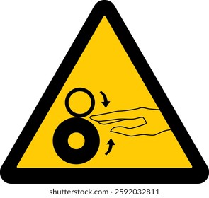 warning sign, hand near rotating rollers warns of an entanglement, crushing hazard in machinery