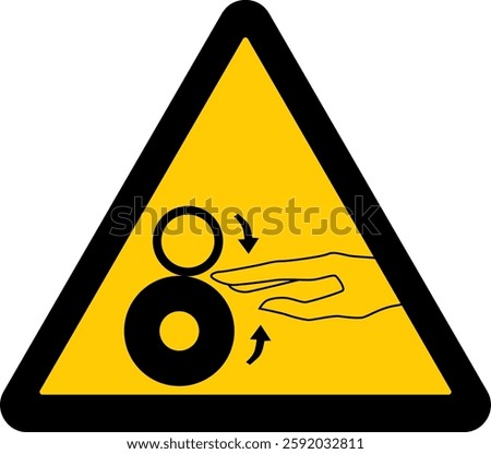 warning sign, hand near rotating rollers warns of an entanglement, crushing hazard in machinery
