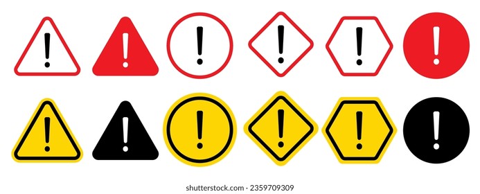 Icono de signo de advertencia. Mensaje de alerta de precaución en un símbolo de lugar peligroso. Vector de signos de exclamación de peligro. Etiqueta de la forma del triángulo de precaución de seguridad. Logotipo de señal de parada