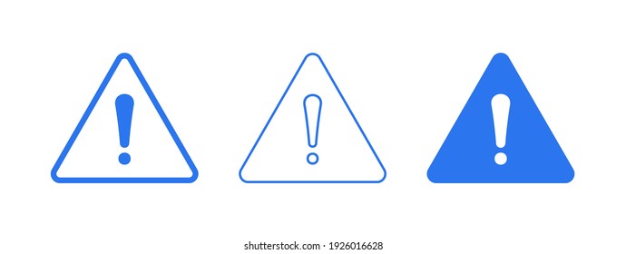 Warning sign icon in flat and line style. Attention or Danger sign element for UI. Set of blue warning attention icons.