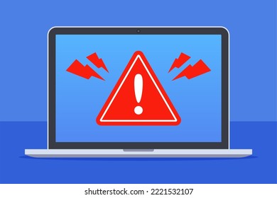 Warning sign icon on laptop screen. Danger error detection. Emergency alert of threat by malware, virus, trojan, or hacking. Antivirus or computer security concept. Flat cartoon vector illustration.