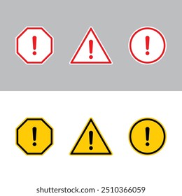 Warning sign icon set in flat design. Danger caution symbol