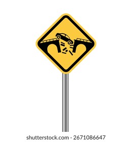 Una señal de advertencia que indica un puente roto por delante. Esta ilustración muestra un tablero de soporte con un mensaje de advertencia para los viajeros.