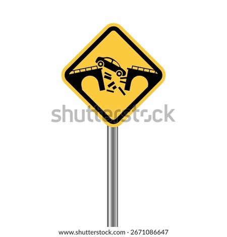 A warning sign indicating a broken bridge ahead. This illustration depicts a stand board with a cautionary message for travelers.