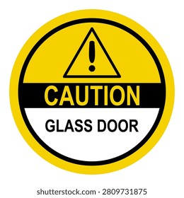 Warning sign indicating caution for glass door, featuring yellow and black colors with a triangular exclamation mark symbol.