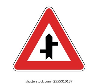 Warning Sign for Intersection with a Non-Priority Road, Featuring Red Triangle and Black Intersection Symbol, Indicating Potential Traffic Hazards, Available as a Vector File