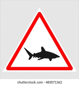 An warning sign isolated on white with shark symbol and words swim at own risk, Use caution when swimming because sharks are present 