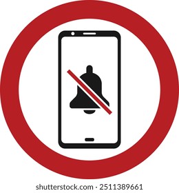 Sinal de aviso Mantenha seu telefone em modo silencioso. Sinal de modelo com um telefone e ícone de sino cruzado.