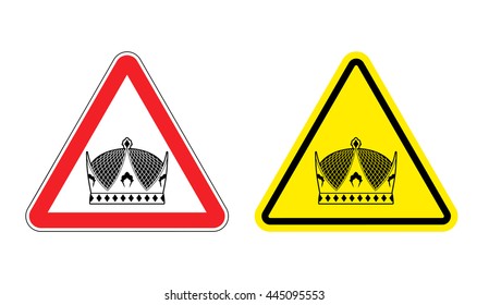 Warning sign King attention. Hazard Yellow symbol monarch. Crown on red triangle. Set of road signs against ruler
