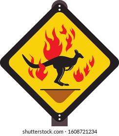 Warning Sign Label Kangaroo Is Standing  In The Midst Of A Forest Fire IIllustration For A New Forest Fire Event In Australia