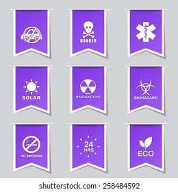 Warning Sign Label Vector Violet Icon Design Set