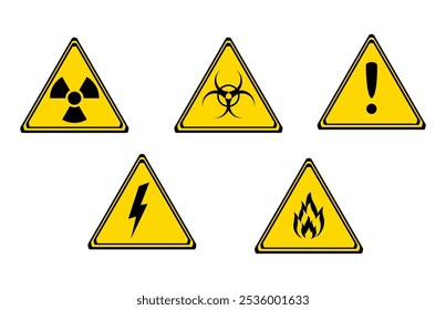 sinal de aviso em laboratório. radioativo, risco biológico, aviso, chama, sinal de corrente elétrica.