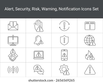 Conjunto de iconos de línea de señal de advertencia. Iconos del sistema de alerta. Iconos del sistema de alerta Advertencia, notificación, error,
Seguridad, seguridad y riesgo. conjunto de iconos de arte de línea muestra varios dispositivos digitales que muestran señales de advertencia