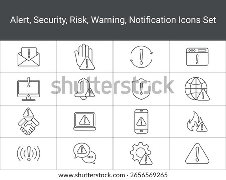Warning Sign Line Icons Set. Alert System Icons. Alert System Icons Warning, Notification, Error,
Security, and Risk. set of line art icons depicts various digital devices displaying warning signs