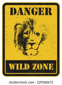 Warning sign with lion head. Hand drawn. Vector illustration