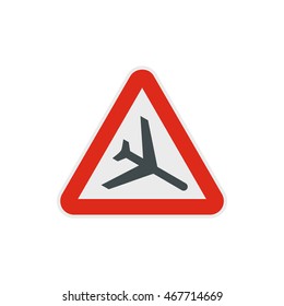 Warning sign of low flying aircraft icon in flat style on a white background
