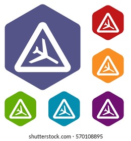 Warning sign of low flying aircraft icons set rhombus in different colors isolated on white background