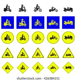 Warning sign of man riding various type of motorbikes include scooter, enduro, chopper, touring
