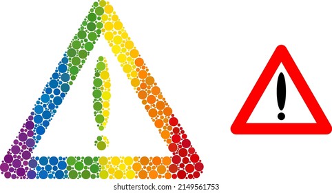 Warning sign mosaic icon of round dots in variable sizes and spectrum color tints. A dotted LGBT-colored warning sign for lesbians, gays, bisexuals, and transgenders.