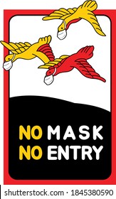 The warning sign 'No Mask, No Entry' with the flower playing card(Hwatu) parody illustration