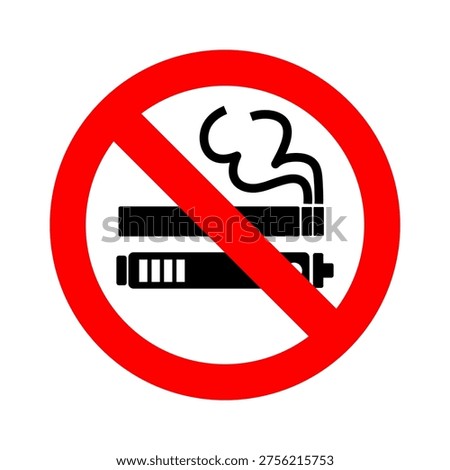 Warning sign of no smoking and no vaping with red circle forbidden symbol isolated on white background for health safety and public area regulation