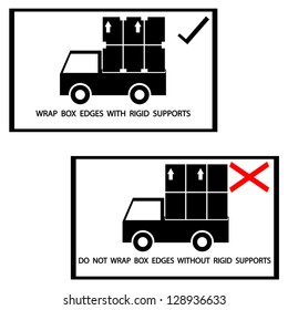 warning sign on the box, wrap box edges with rigid supports,do not wrap box edges without rigid supports ,vector