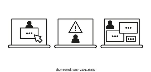 Warning Sign On Computer, Danger Theft Personal Data And Password, Scam Of Hacker, Line Icon Set. Cheating On Internet, Covert Crime Swindler. Social Media Fraud Of Thief, Stealing. Vector Sign