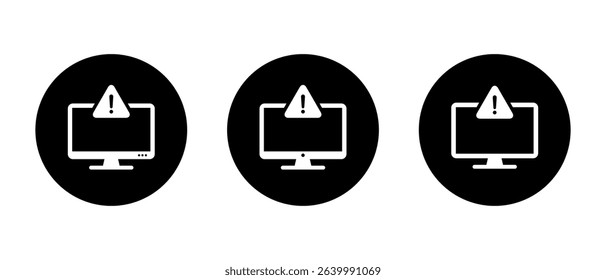 Warning sign on computer icon on black circle. Digital security warning sign. Malware and virus alert symbol