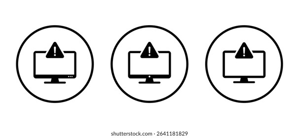 Warning sign on computer icon on circle line. Digital security warning sign. Malware and virus alert symbol