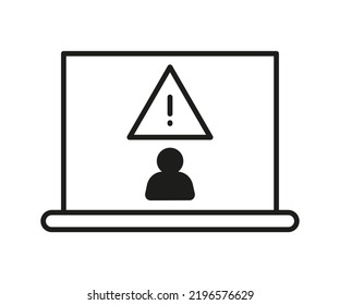 Warning Sign On Computer, Scam Of Hacker, Line Icon. Cheating On Internet, Covert Crime Swindler. Social Media Fraud Of Thief. Danger Of Stealing Personal Information. Vector Outline Illustration