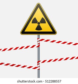 Warning sign on a pole and warning bands. Sign of radiation hazards. Vector illustration.