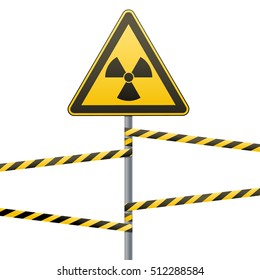 Warning sign on a pole and warning bands. Sign of radiation hazards. Vector illustration.