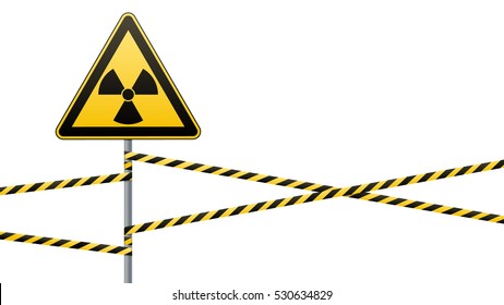 Warning sign on a pole and warning bands. Sign of radiation hazards. Vector illustration.