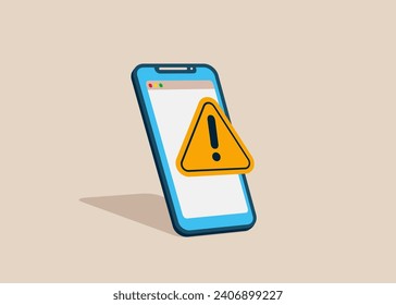 Warning sign on screen smartphone. Setting up personal phone.  Operating system error.