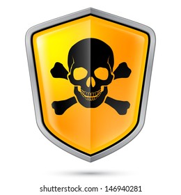Warning sign on shield, indicating of Skull symbol. Illustration on white