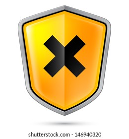 Warning sign on shield, indicating crossroads. Illustration on white