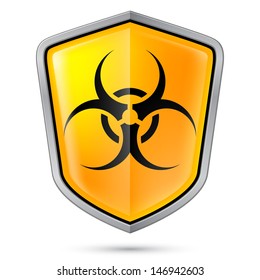 Warning sign on shield, indicating of Biohazard. Illustration on white