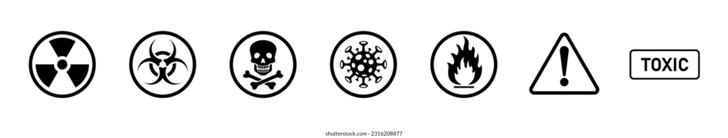Signo de advertencia sobre fondo blanco. Conjunto de iconos biológicos químicos de radiación nuclear, signo tóxico, riesgo biológico