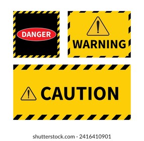 Warning sign on white background. Caution sign. Black and yellow line striped. Vector illustration