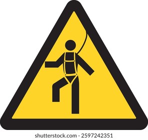 warning sign, person wearing a safety harness, fall hazard, protective equipment