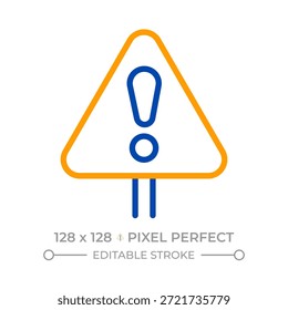 Warnzeichen Pixel perfekt zwei Farben Linie Symbol. Gefahrenindikator. Straßeninfrastruktur. Verkehrssicherheit zweifarbige Umrisssymbol. Lineares Piktogramm mit Duoton. Isolierte Abbildung. Bearbeitbarer Strich