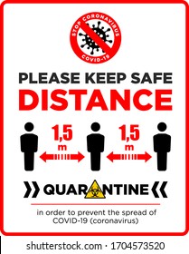 Warning sign Please keep safe distance of 1.5 m. Quarantine actions, risk of coronavirus COVID-19 infection. Illustration, vector