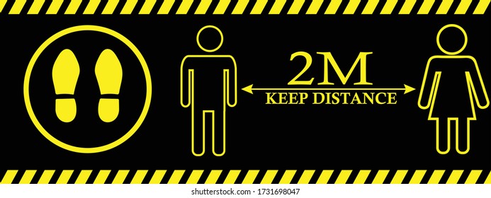 Warning sign Please keep safe distance of 2 m. Quarantine actions, risk of coronavirus COVID-19 infection. Illustration, vector