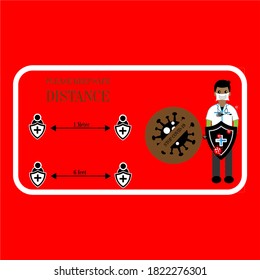 Warning sign Please keep safe distance of 1 m and 6 feet. Quarantine actions, risk of coronavirus COVID-19 infection. Illustration, vector