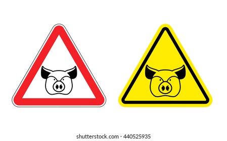 Warning sign pork attention. Dangers yellow sign pig. Farm animal on red triangle. Set of road signs against ham. Attention bacon